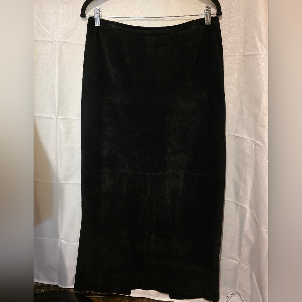 VTG 90s Black Leather Suede Maxi Skirt By Valerie Stevens. Sz 10.